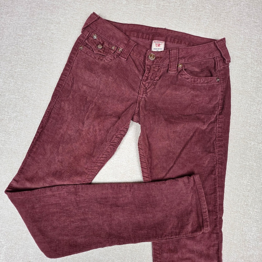 True Religion Womens Skinny Corduroy Pants‎ Burgundy Low Rise Size 27 W68-599K32